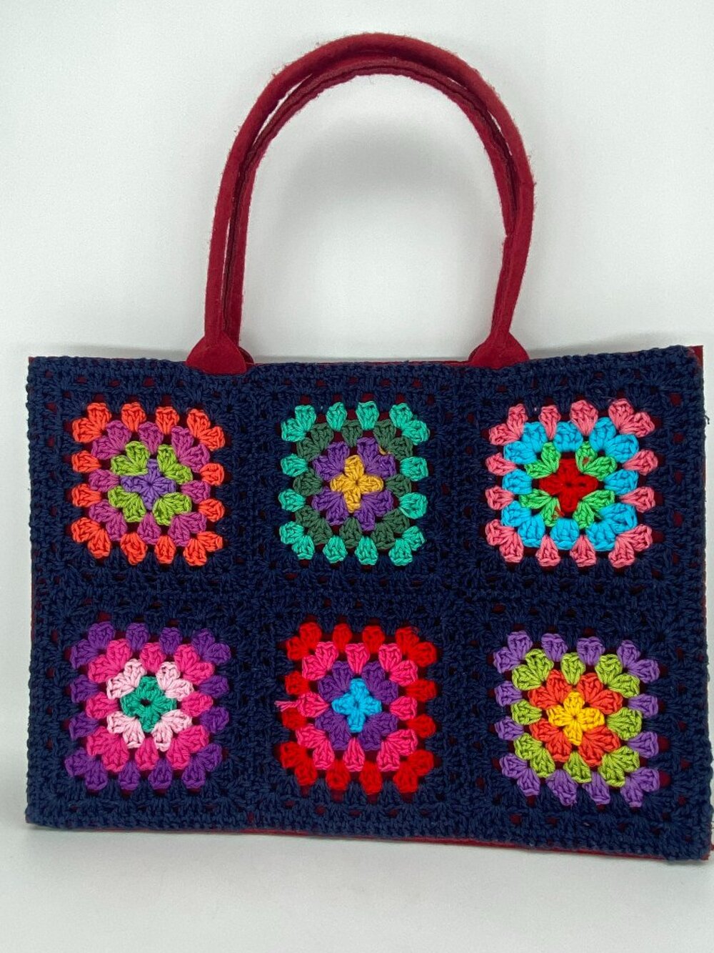 Handmade Crochet Tote Bag Granny Square Large Market Purse 13.5" x 9.5" x 3.5"
